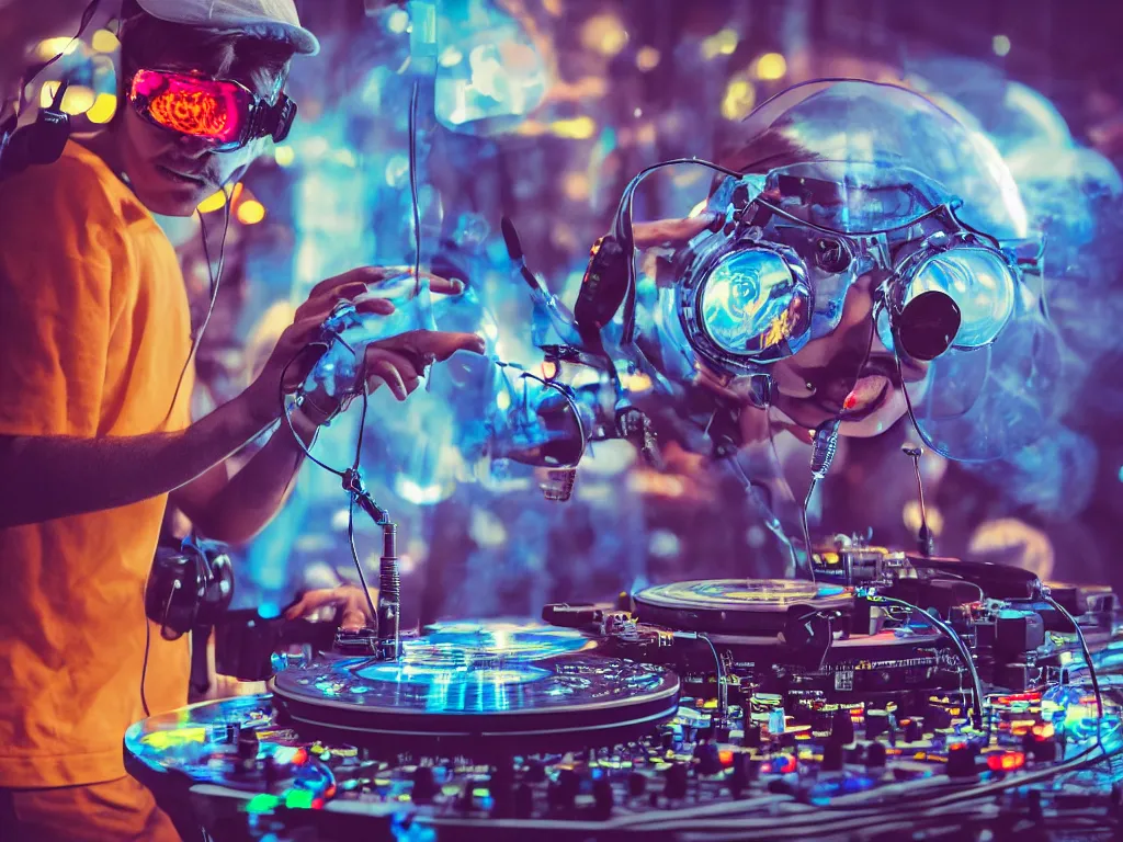 Image similar to a person wearing goggles and visor and headphones using a steampunk record player contraption, wires and tubes, turntablism dj scratching, intricate planetary gears, cinematic, imax, sharp focus, leds, bokeh, iridescent, black light, fog machine, hazy, lasers, hyper color digital art, cyberpunk