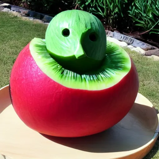 Prompt: melon carved as duck, fruit carving