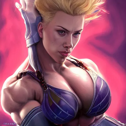 Prompt: detailed portrait of scarlett johansson as a female bodybuilder zarya from overwatch, beautiful, fantasy, intricate, elegant, highly detailed, digital painting, artstation, concept art, matte, sharp focus, illustration, art by aenaluck, artgerm and roberto ferri and greg rutkowski, epic fantasy, digital painting