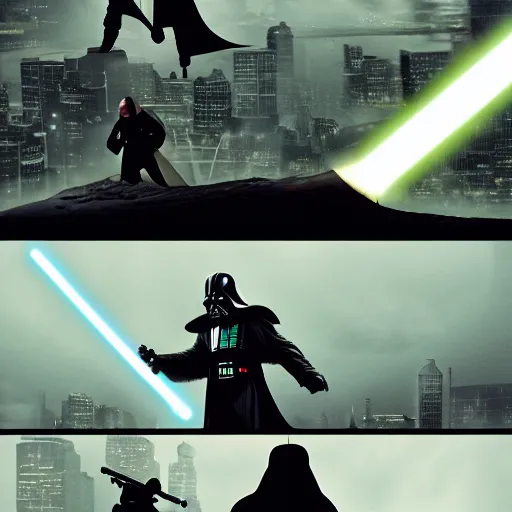 Image similar to darth vader battling obi wan kenobi with a lightsaber in the middle of new york in the evening