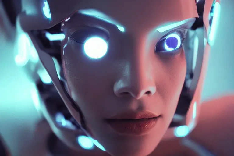 Image similar to VFX movie of a futuristic robot closeup portrait in living room, beautiful natural skin neon lighting by Emmanuel Lubezki
