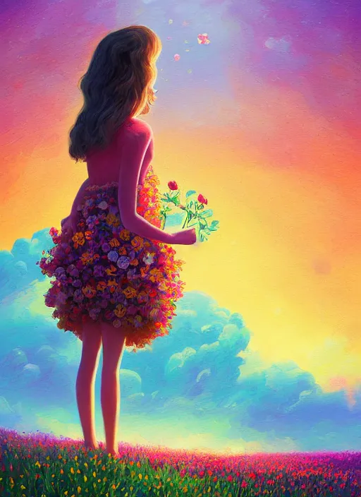 Image similar to girl with giant flower as a face and flower dress, standing in a flower field hills, big trees, sunrise dramatic light, impressionist painting, colorful clouds, digital painting, pointillism, artstation, simon stalenhag