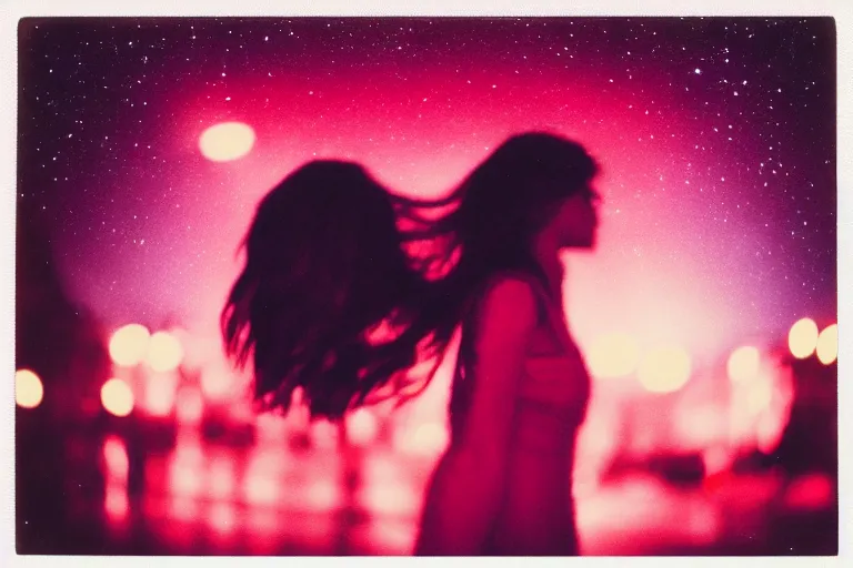 Image similar to blured girl on the red light, focused background night sky with stars, polaroid photo