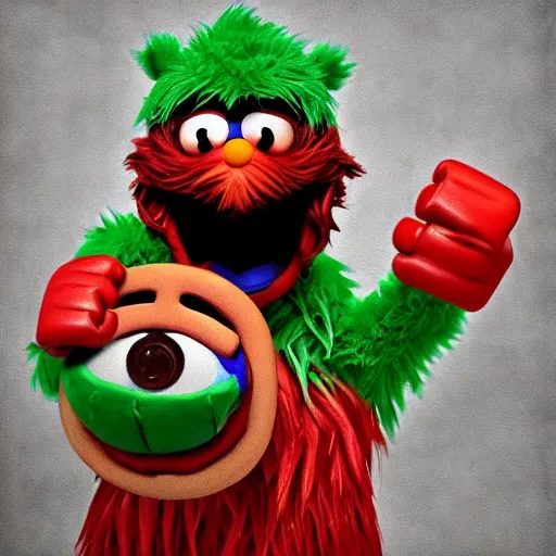 Image similar to The Philly Phanatic fist-fighting Gritty over a quarter-pounder with cheese, digital art, realistic, trending on artstation