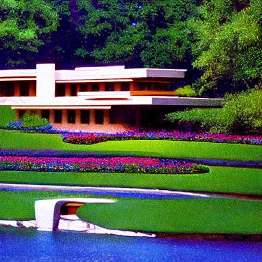 Image similar to large house in the style of Frank Lloyd Wright, like Fallingwater, painted as Seurat