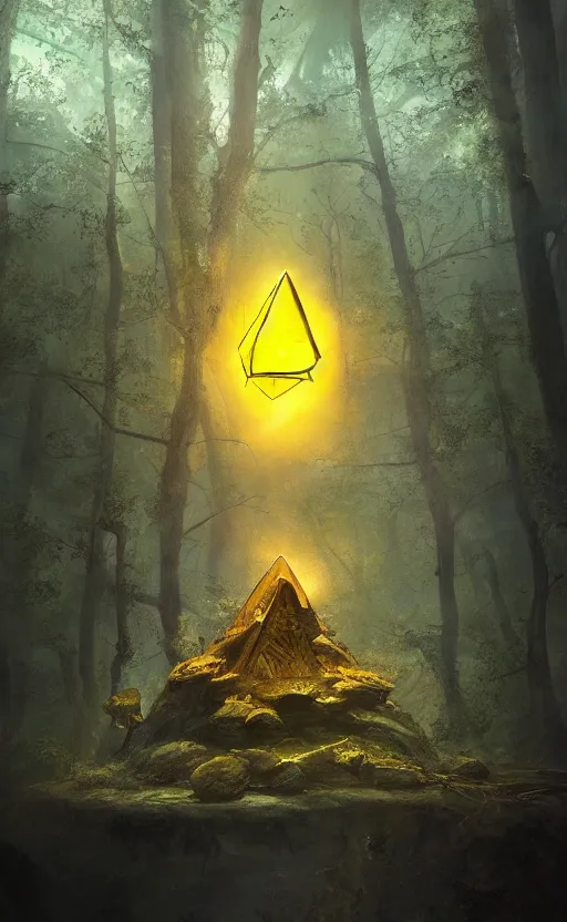 Prompt: dark fantasy photorealistic concept art of bill cipher floating in the middle of a forest with glowing yellow eyes, and pebbles floating in the air, gloomy seen, dynamic lighting, ambient lighting, atmospherical, stunning visuals, creative, cinematic, ultra detailed, trending on art station