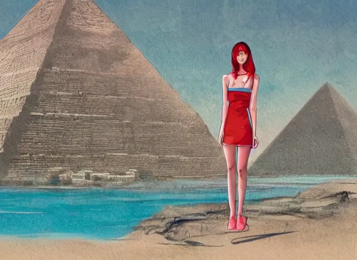 Image similar to lee jin - eun in luxurious dress emerging from turquoise water in egyptian pyramid city during an eclipse by conrad roset, m. k. kaluta, martine johanna, rule of thirds, elegant look, beautiful, chic, face anatomy, cute complexion