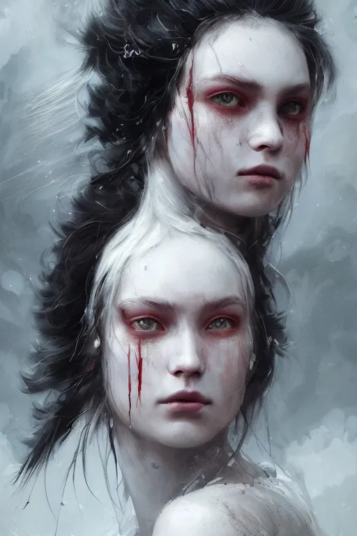 Image similar to a beautiful portrait of a young Demon women covered in white flames by Greg Rutkowski, Sung Choi, Mitchell Mohrhauser, Maciej Kuciara, Johnson Ting, Maxim Verehin, Peter Konig, Bloodborne , 8k photorealistic, cinematic lighting, HD, high details, atmospheric , trending on artstation