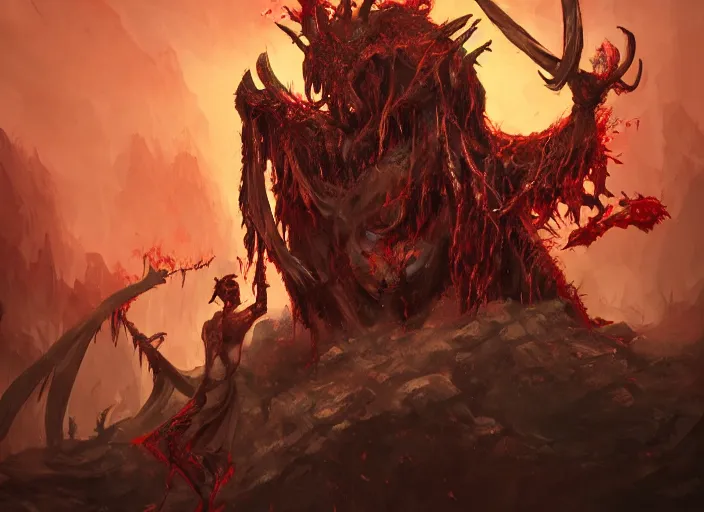 Prompt: a macabre demon casts a gruesome enchantment across a land of fertility and wealth, diminishing the land's value and robustness, trending on artstation, digital art, award winning