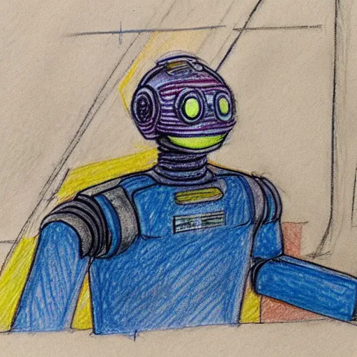 Image similar to humanoid robot testifying on stand in courtroom, courtroom sketch, messy color pencil sketch, droid