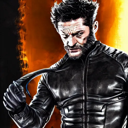 Image similar to Tom Hardy as wolverine in Black Damaged leather suit Digital art 4K quality Photorealism