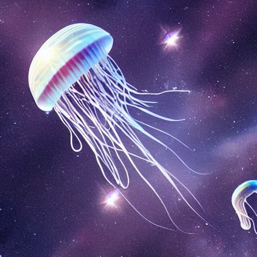 Prompt: Photo of Jellyfish in space flying close to an asteroid heading to earth