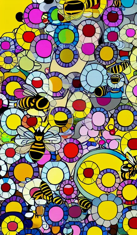 Prompt: illustration of a bee, in the style of takashi murakami, abstract, flat - color, textured