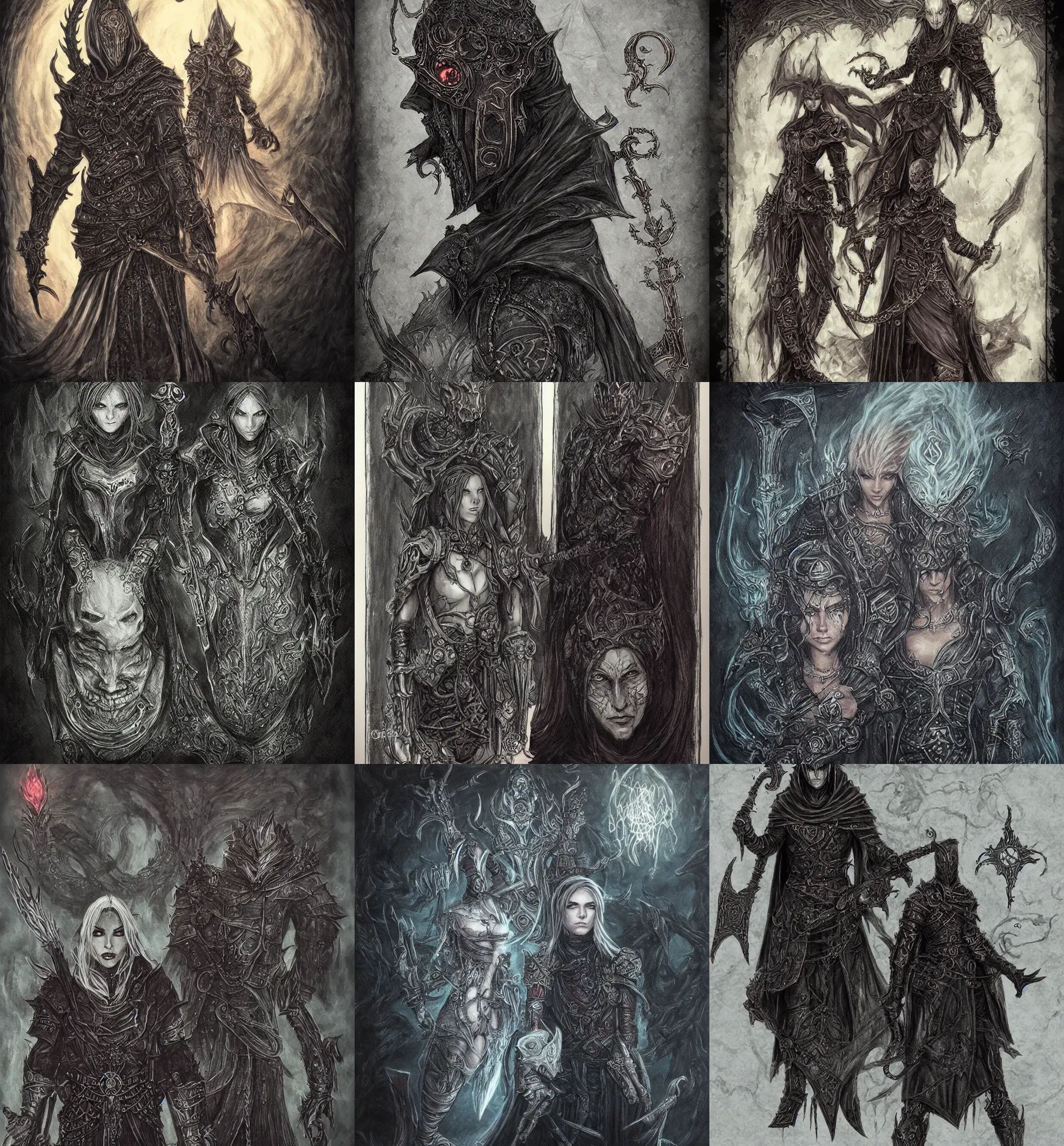 Prompt: baldur's gate character portrait, bloodborne, sorceress, magic, black paper, tarot card, concept art, style of kieran yanner