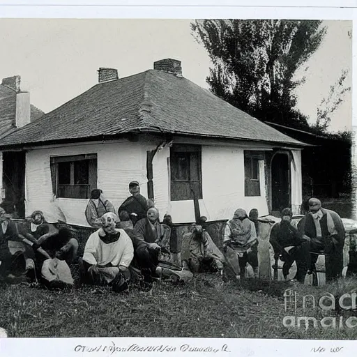 Prompt: nice comfy house old photograph with a lot of workers