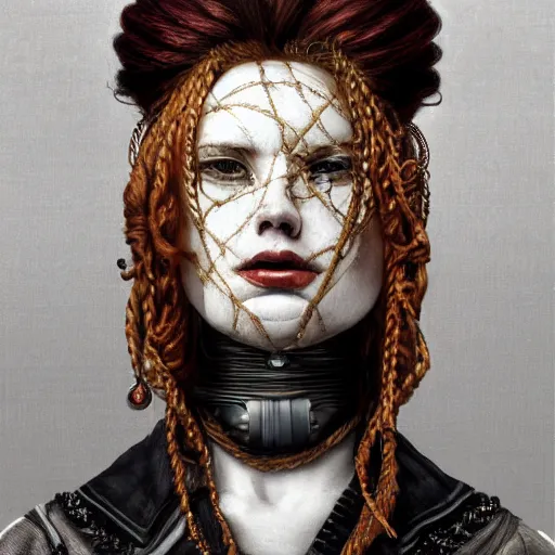 Image similar to portrait of a Shibari rope wrapped face and neck, headshot, insanely nice professional hair style, dramatic hair color, digital painting, of a old 17th century, old cyborg merchant, amber jewels, baroque, ornate clothing, scifi, realistic, hyperdetailed, chiaroscuro, concept art, art by Franz Hals and Jon Foster and Ayami Kojima and Amano and Karol Bak,