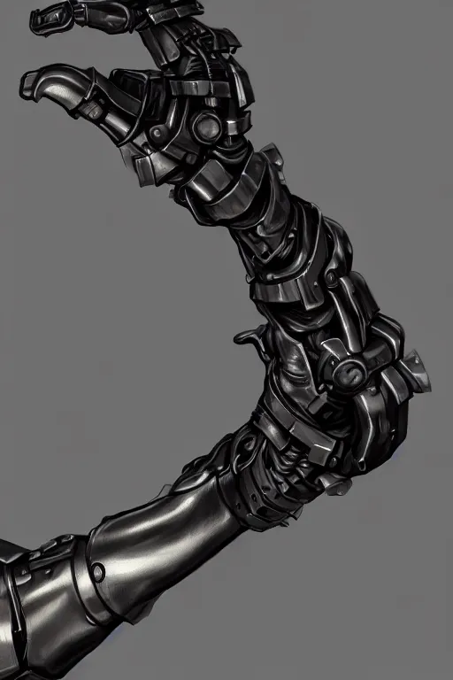 Image similar to a cyberpunk dark metallic arm prosthesis realistic proportions, electric, close look, anatomically correct hand and fingers, sci - fi, rpg, digital painting, artstation, concept art, smooth, 8 k frostbite 3 engine, ultra detailed