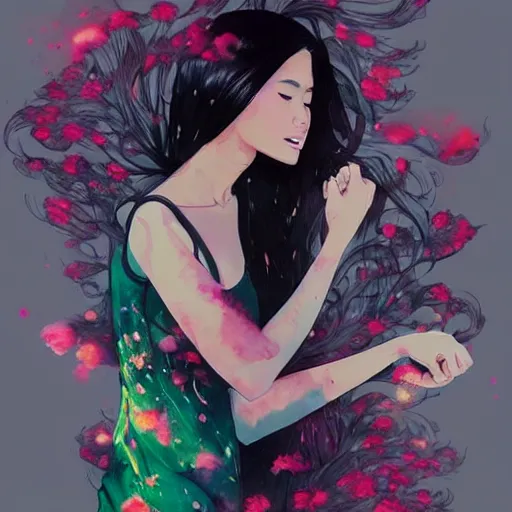 Image similar to candid portrait of very beautiful young filipino woman, surrounded by dramatic swirling smoke and flowers, dark background, by conrad roset, watercolor trending on artstation