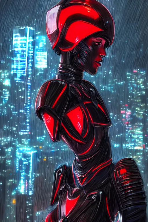 Prompt: portrait of evilly and strong stunning futuristic knights of Zodiac girl, black and red copper armor, in futuristic heavily raindrop tokyo rooftop cyberpunk night, ssci-fi, fantasy, intricate, very very beautiful, elegant, neon light, highly detailed, digital painting, artstation, concept art, human anatomy, soft light, hdri, smooth, sharp focus, illustration, art by tian zi and craig mullins and WLOP and alphonse mucha