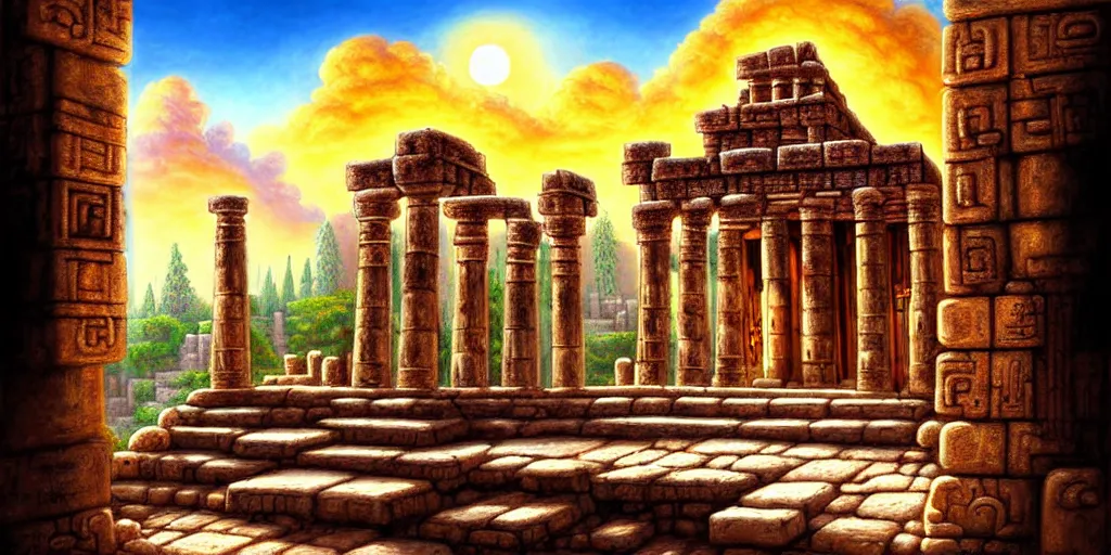 Image similar to illusion painting hidden temple in the clouds : an adorable small fox in the huge ruins of the second temple in jerusalem. a new temple hovers quietly hiding in the dreamy clouds above. a hooded bearded old man in a brown tunic laughing, colorful 8 k, art station, intricate superb details, digital art, illusion painting hidden image.