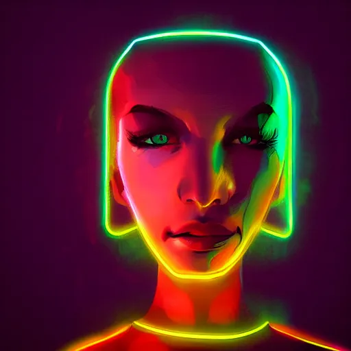 Prompt: realistic fantasy portrait of sad robo girl in neon light, fog around,