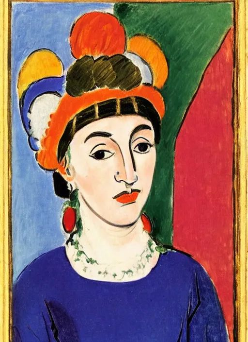 Image similar to portrait of young woman in renaissance dress and renaissance headdress, art by henri matisse