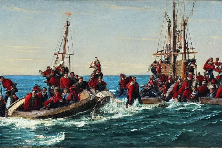 Image similar to whaling boat filled with nfl football players in helmets and pads, american school, whaling painting, robert wyland