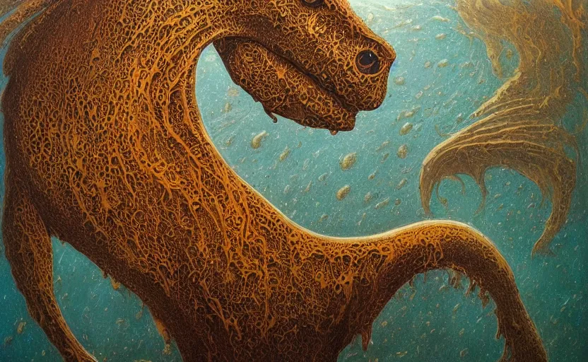 Prompt: a painting of a Kelpie underwater, an ultrafine detailed painting by John Howe, by György Vastagh, by Jeffrey Smith, behance contest winner, space art, acrylic pour, lovecraftian, cosmic horror, biomorphic, hyper realsim