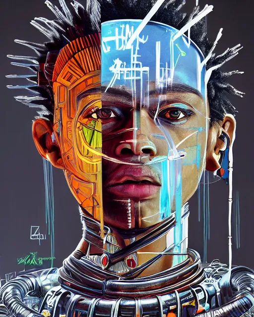 Prompt: a cyberpunk portrait of a gladiator by jean - michel basquiat, by hayao miyazaki by artgerm, highly detailed, sacred geometry, mathematics, snake, geometry, cyberpunk, vibrant, water