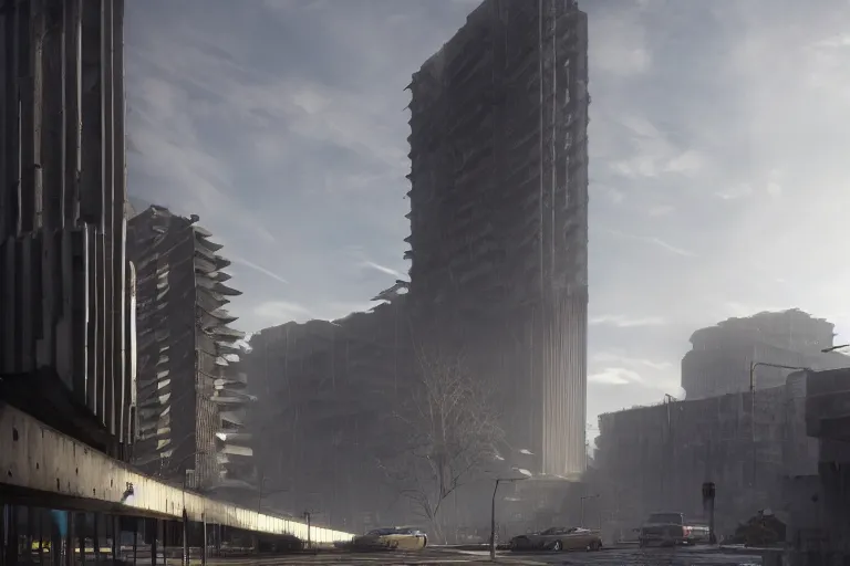 Image similar to streetscape, a towering cathedral of brutalist architecture, buildings covered with greebles, stunning volumetric light, sunset, metal, concrete and translucent material, stunning skies, majestic landscape, trending on Artstation, 8k, photorealistic, hyper detailed, unreal engine 5, IMAX quality, cinematic, epic lighting, in the style of Greg Rutkowski