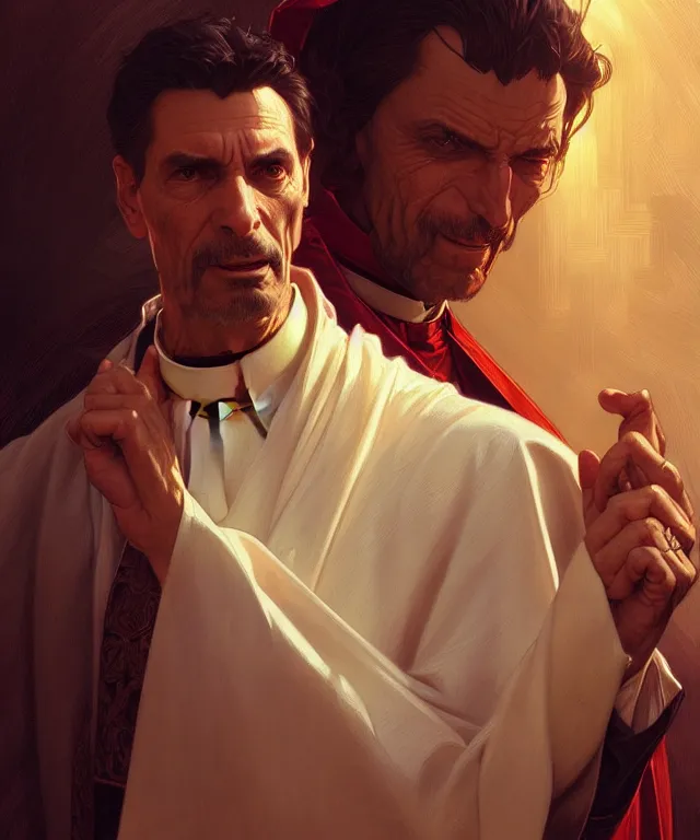 Image similar to a greedy preacher, an evil Catholic priest, portrait, intricate, elegant, highly detailed, digital painting, artstation, concept art, smooth, sharp focus, illustration, art by artgerm and greg rutkowski and alphonse mucha