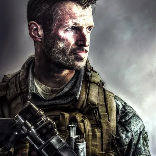 Image similar to a portrait of a Simon Riley with a ghost mask ,call of duty, military , game concept art, illustration, modern warfare, HDR, natural light, shoulder level shot, dynamic pose, award winning photograph, Mucha style, 8k,