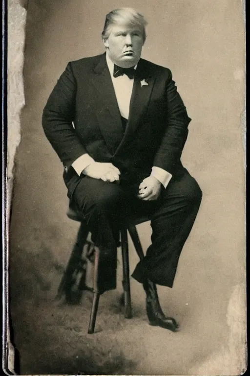 Image similar to a tintype photo of a very obese Donald Trump