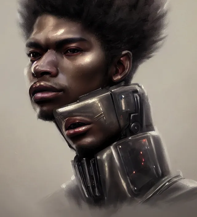 Image similar to portrait of a man by greg rutkowski, he is about 2 5 years old, mixture between afroamerican and japanese, afro hair, geisha tatoos, very tall and slender, he is wearing a futuristic police gear, highly detailed portrait, digital painting, artstation, concept art, smooth, sharp foccus illustration, artstation hq