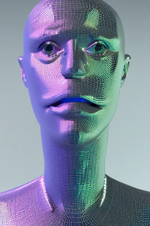 Prompt: 3d render of holographic angry human robotic angry bust made of glossy iridescent, angry, bust, body made of thin silver chain, a lot of thin silver chains, surrealistic 3d illustration of a human non-binary , non binary model, 3d model human, cryengine, made of holographic texture, holographic material, holographic rainbow, concept of cyborg and artificial intelligence