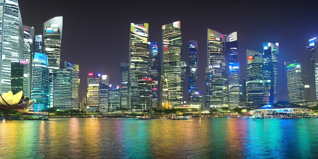 Prompt: futuristic singapour view at night from the sea