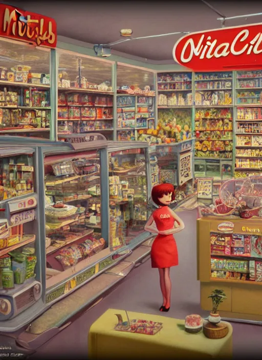 Image similar to highly detailed wide - angle, portrait of a 1 9 6 0 s retro supermarket, unreal engine, nicoletta ceccoli, mark ryden, earl norem, lostfish, global illumination, detailed and intricate environment