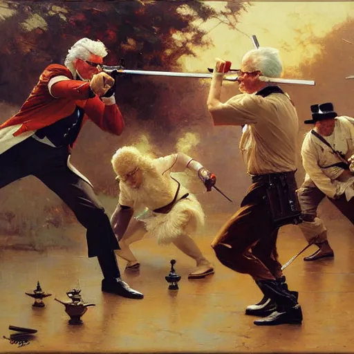 Image similar to colonel sanders with katana fighting donald mcdonald with gun, highly detailed painting by gaston bussiere, craig mullins, j. c. leyendecker, 8 k