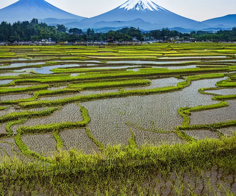 Prompt: a photo of mount fuji, japanese landscape, rice paddies, beautiful sky, seen from a window of a train.