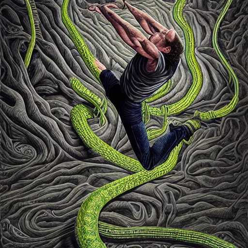 Image similar to Adam Ondra, portrait, style alex gray, style dan hillier, dmt background, hyperrealistic, snake climbing ropes