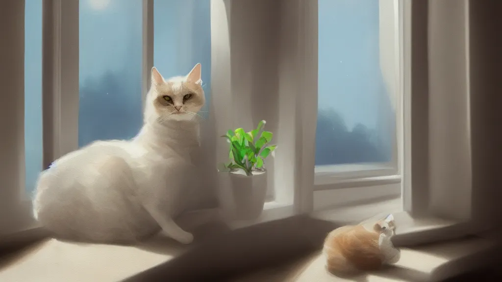 Prompt: beautiful peaceful dreamy painting of a content cat sitting by a window and looking outside, sunshine coming through the window, small plants on the window sill, 8k, hyper realism, trending on artstation, octane render