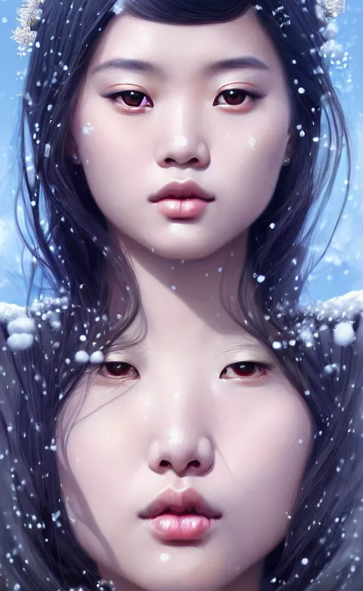 Image similar to a beautiful young charming asian goddess with sundress + jewelry + shinny eyes | | winter, symmetric, realistic shaded, unpleasant face, good looking, fine details, dior, lv, realistic shaded lighting poster by greg rutkowski, macoto takahashi, magali villeneuve, artgerm, jeremy lipkin and michael garmash