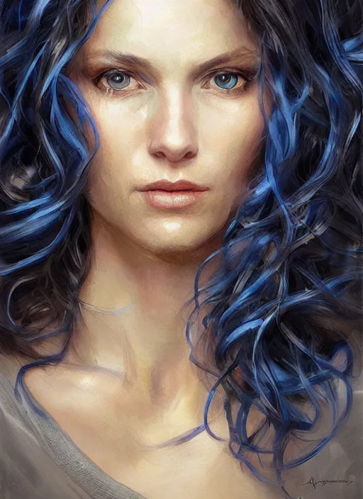 Prompt: portrait of a 5 5 years old woman with long curly brown hair and blue eyes, beautiful painting by artgerm and greg rutkowski