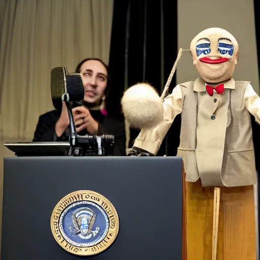 Image similar to president marionette with puppeteer in a podium giving a press conference