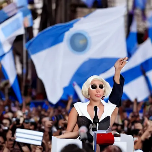 Image similar to Lady Gaga as president, Argentina presidential rally, Argentine flags behind, bokeh, giving a speech, detailed face, Argentina