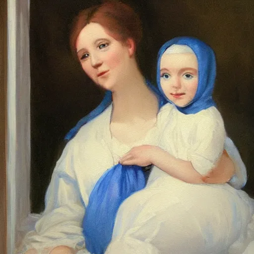 Prompt: a painting of a woman holding a child. The woman is wearing a white dress and has a blue scarf around her head. The child is a young girl, and she is also wearing a white dress. They are both standing in front of a window, and there is a curtain blowing in the wind. The colors in the painting are very soft and muted.