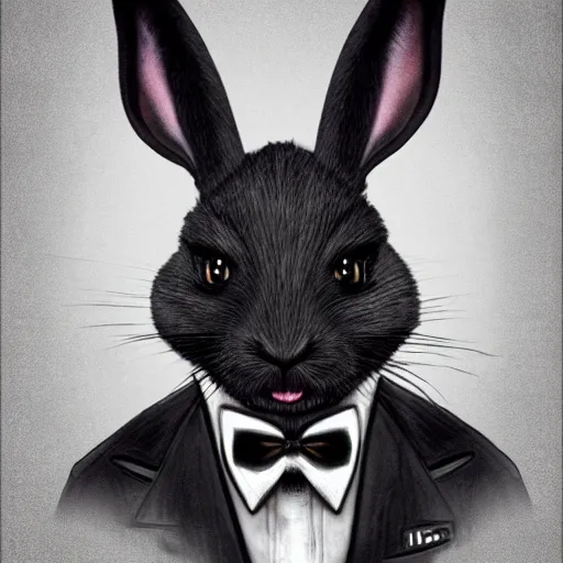 Image similar to A extremely highly detailed majestic hi-res beautiful, highly detailed head and shoulders portrait of a scary terrifying, horrifying, creepy black cartoon rabbit with a bowtie and scary big eyes, earing a shirt laughing, hey buddy, let's be friends, in the style of Walt Disney