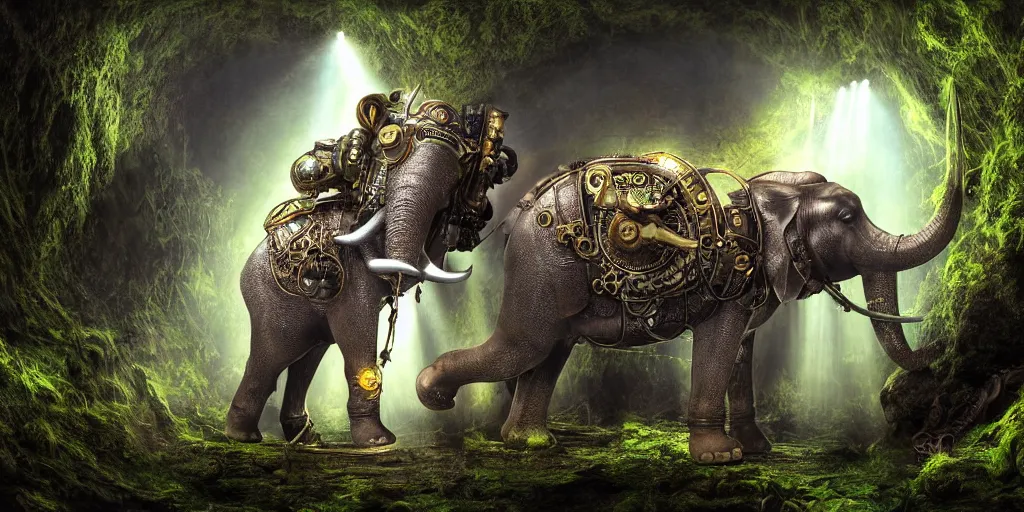 Image similar to magnificent mechanical steampunk elephant looking eerily into a cave entrance with lush vegetation and mystical (((glowing algae))) in the dawn, light coming through from holes in the ceiling, waterfalls, desaturated, creepy ambiance, dangerous, sharp focus, highly detailed, artgerm