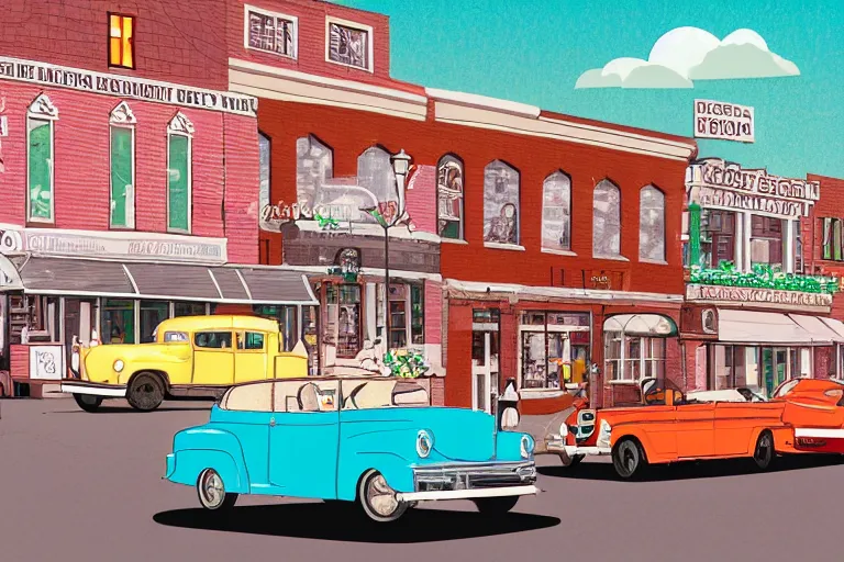 Prompt: a whimsical storybook illustration of a small town main street from the 1 9 5 0 s with a line of brick buildings with business signs over the doors and some late 1 9 5 0 s cars on the road in front of the buildings and one 1 9 3 0 model a hot rod, lowbrow pop art style