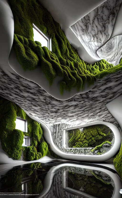 Image similar to highly detailed ultra sharp 3 d render villa interior cinematic composition of a smooth ceramic porcelain biomorphic magnolia stone nebula fluid fractal sci - fi surreal architecture landscape, granite, metallic, magnesium, marble, moss and lichen, vincent callebaut composition, mamou - mani, archviz, beautiful lighting, 8 k, unreal engine, hdr,